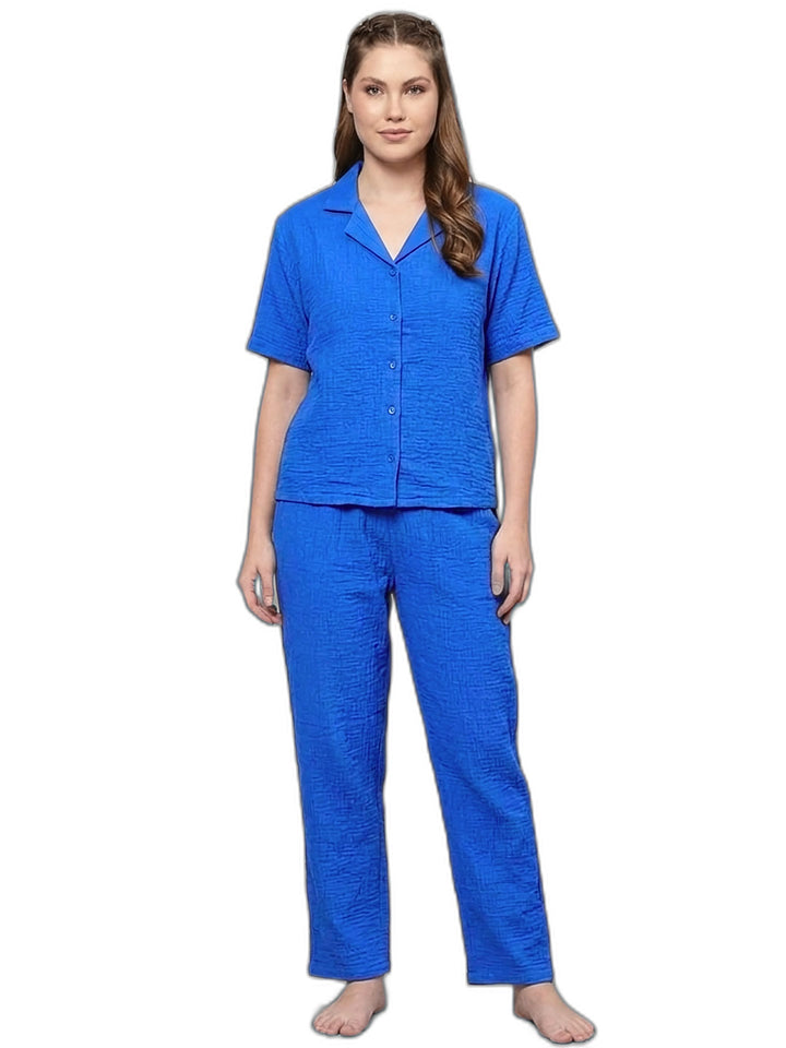 Women Cotton Night Suit - Half Sleeve Night Dress with Pockets| Indigo Blue Double Cloth Pajama Set