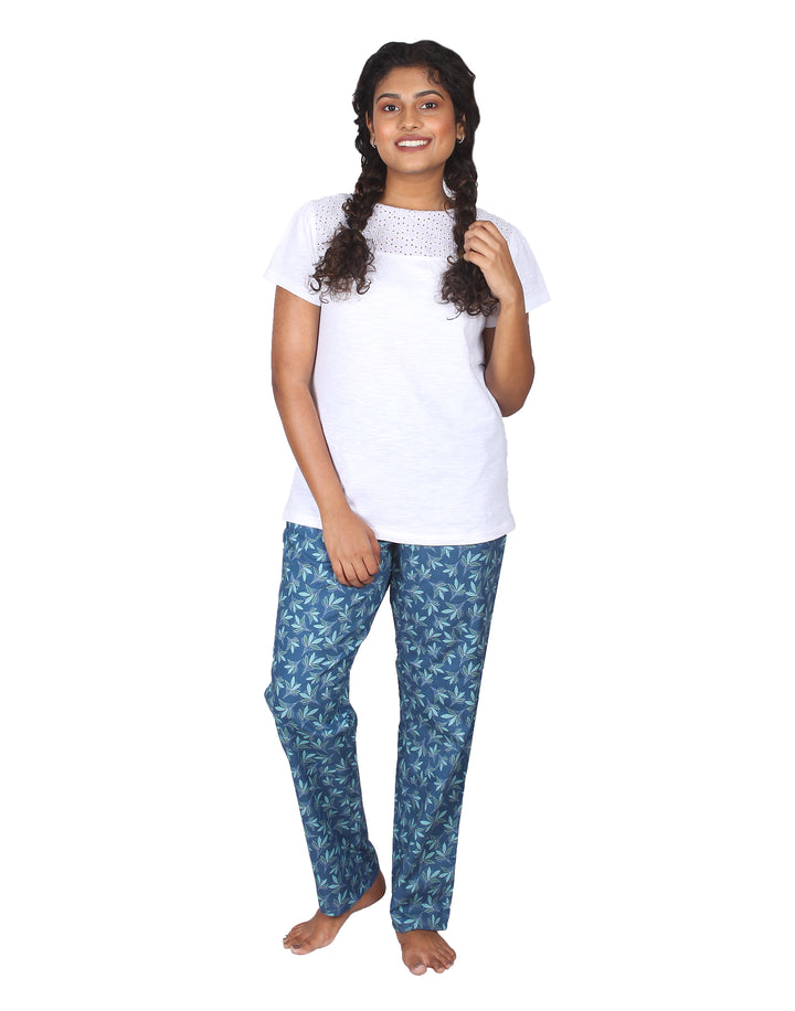 Nightwear Set -  White Embroidery Floral Print