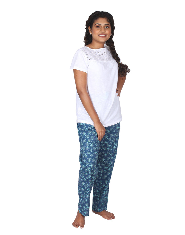 Nightwear Set -  White Embroidery Floral Print