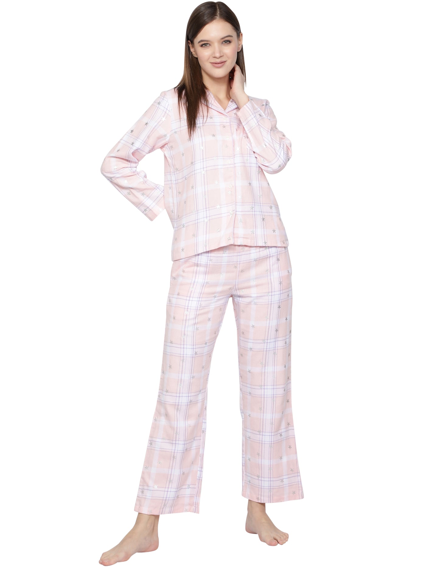 Night Suit Set for Women-Starry Sparkle Checked