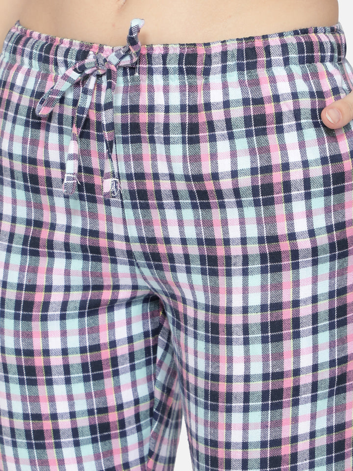 Nightwear Set -  Aqua Blue Cherry Blossom Print Checked Pant