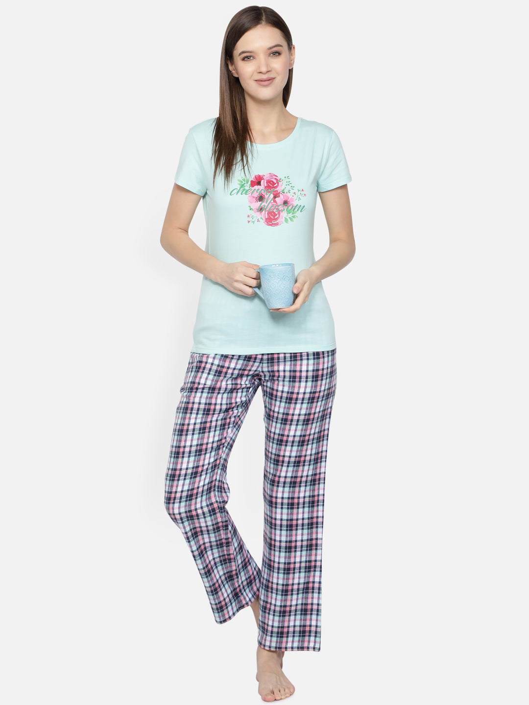Nightwear Set -  Aqua Blue Cherry Blossom Print Checked Pant