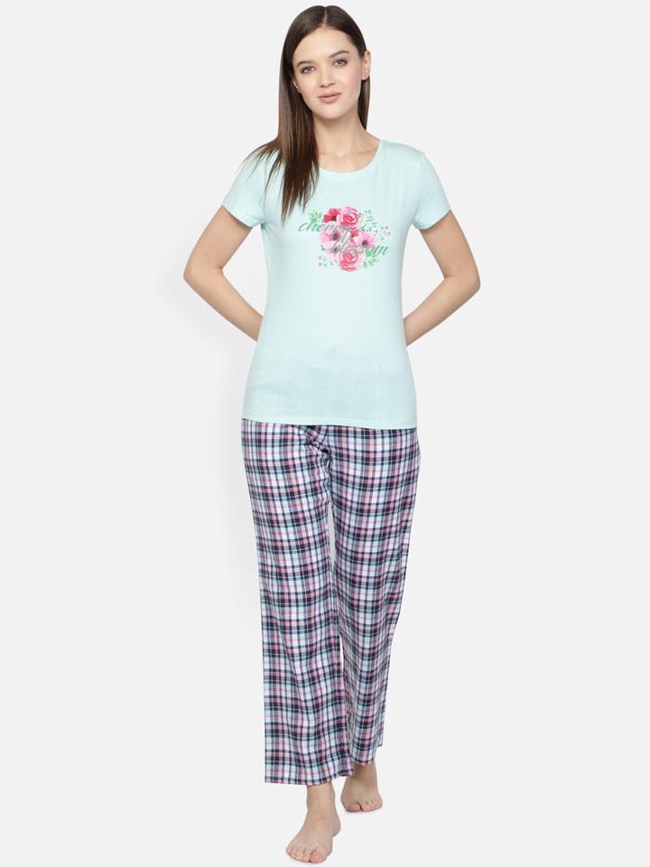 Nightwear Set -  Aqua Blue Cherry Blossom Print Checked Pant