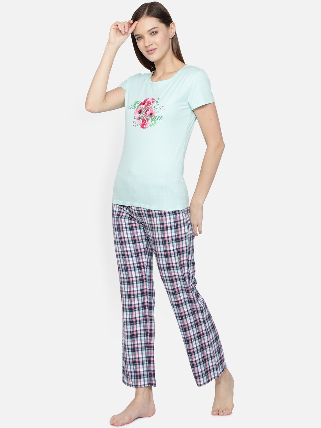 Nightwear Set -  Aqua Blue Cherry Blossom Print Checked Pant