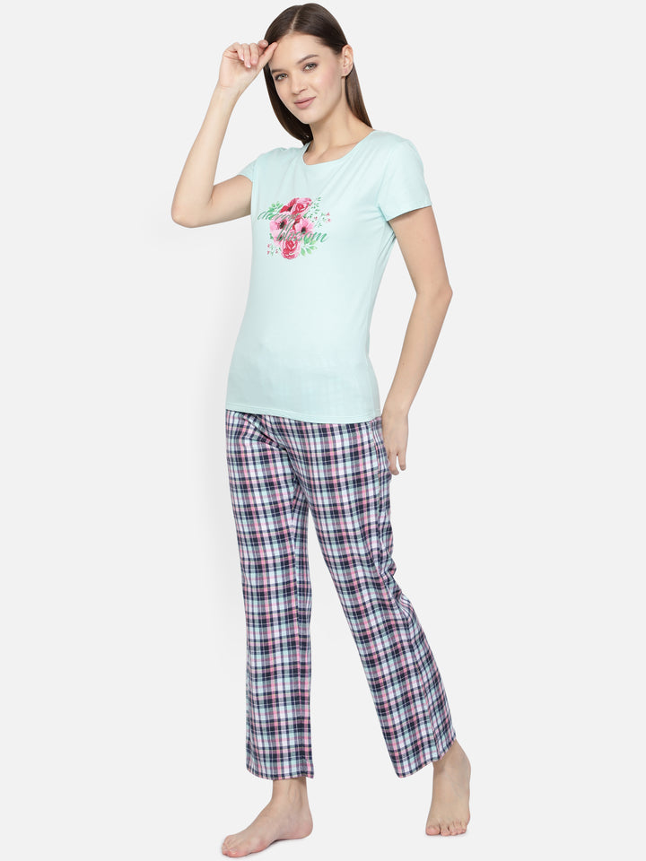 Nightwear Set -  Aqua Blue Cherry Blossom Print Checked Pant