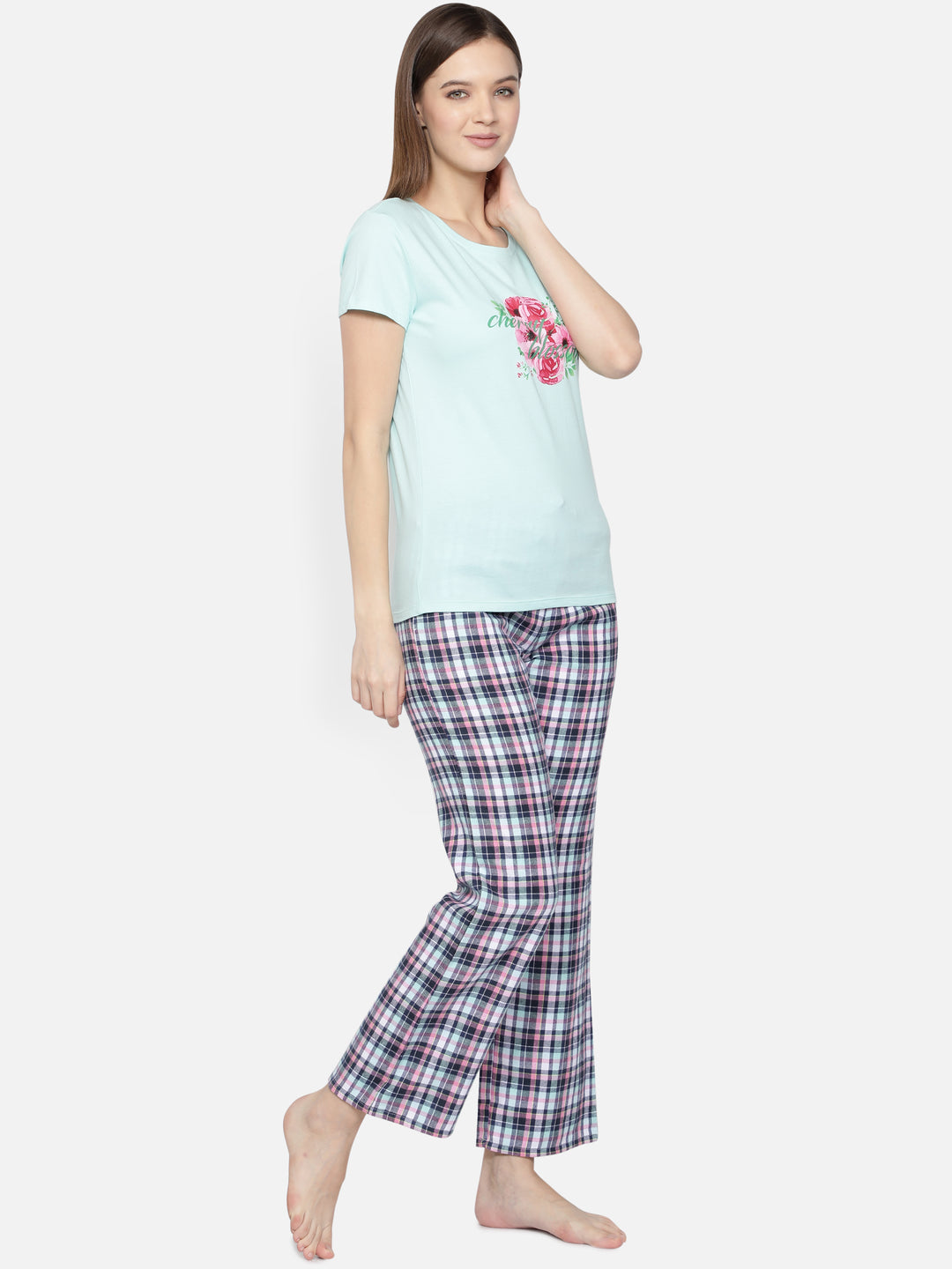 Nightwear Set -  Aqua Blue Cherry Blossom Print Checked Pant
