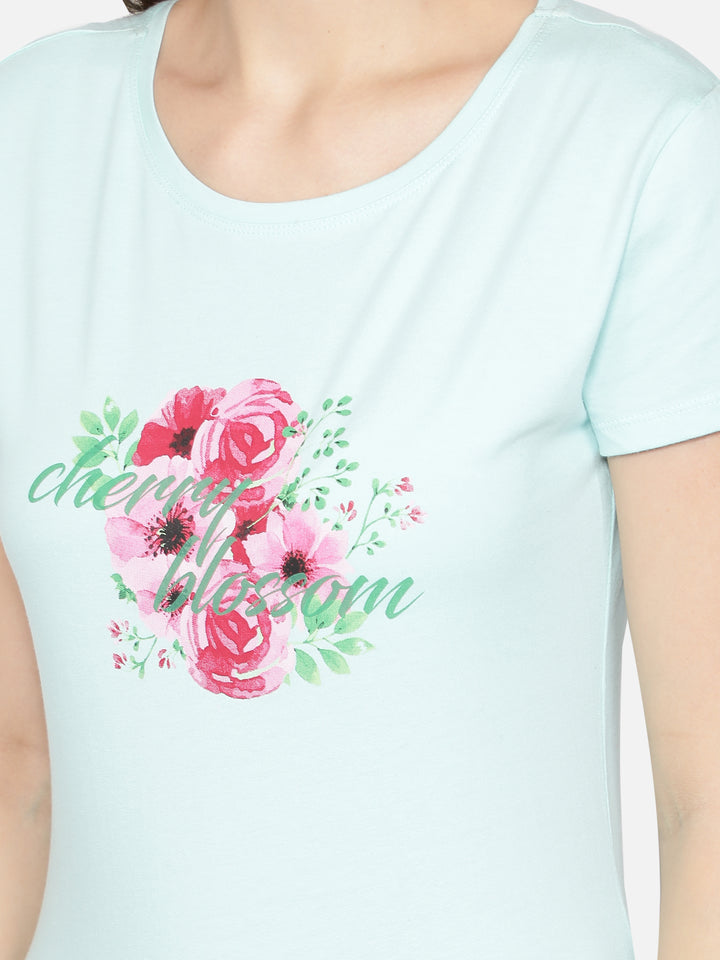 Nightwear Set -  Aqua Blue Cherry Blossom Print Checked Pant