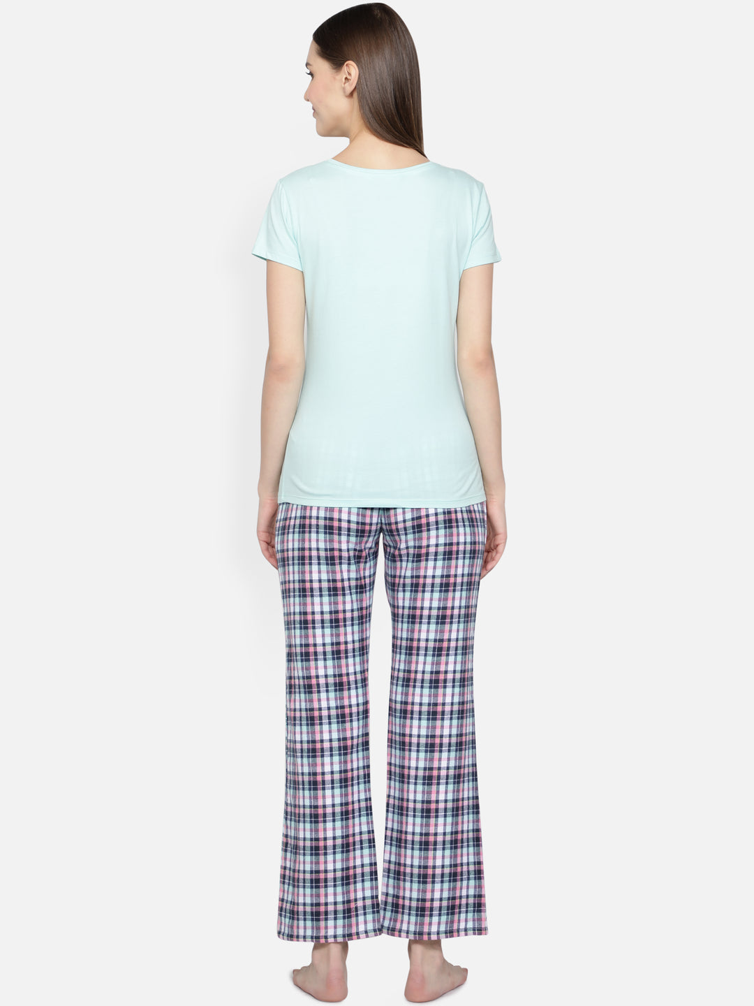 Nightwear Set -  Aqua Blue Cherry Blossom Print Checked Pant
