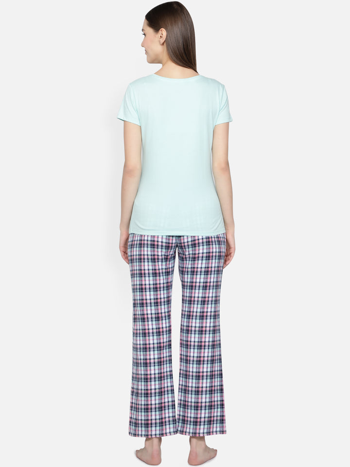 Nightwear Set -  Aqua Blue Cherry Blossom Print Checked Pant