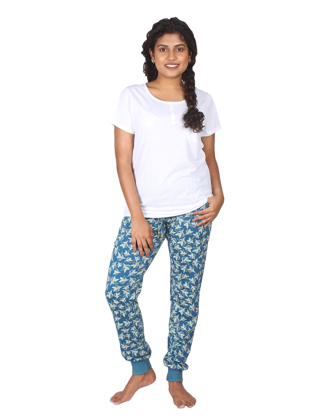 Nightwear Set -  White Embroidery Floral Print