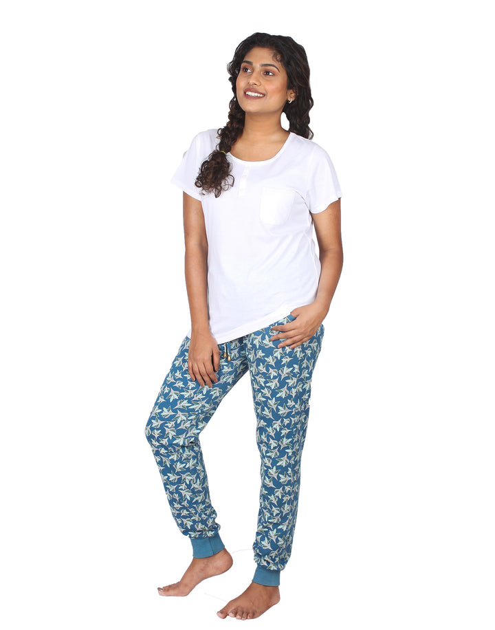 Nightwear Set -  White Embroidery Floral Print