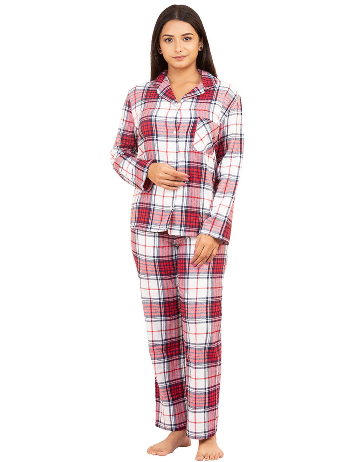 Night Suit Set for Women-Red and White Checked