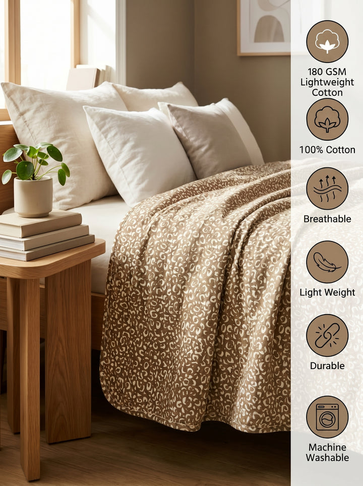 B STORIES Leopard Print Cotton Knit Throw Blanket | Soft, Breathable & Lightweight | All Season Couch, Bed & Sofa Throw | 81x59 Inches | 180 GSM | Brown