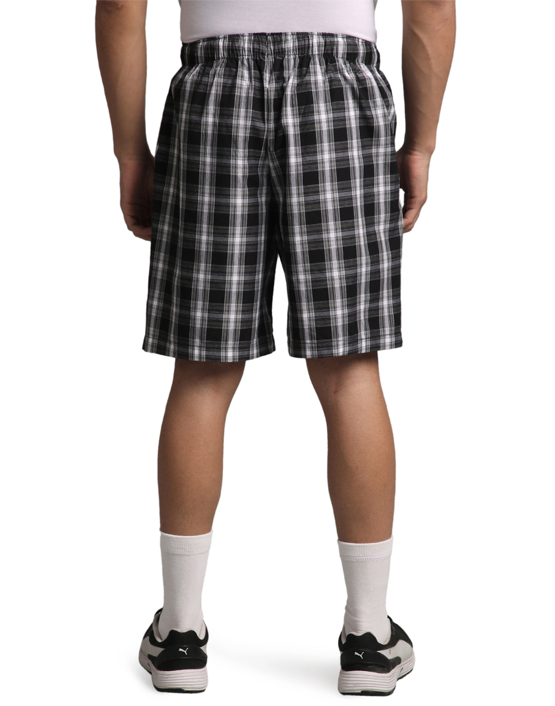 B STORIES Men's Cotton Casual Shorts with Elasticated Waistband & Drawstring- Black & Grey Checked