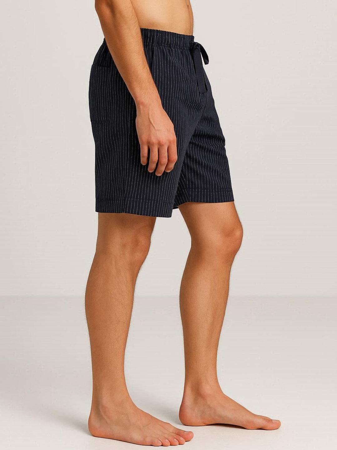B STORIES Men's Cotton Casual Shorts with Elasticated Waistband & Drawstring- Black Pinstripe Printed