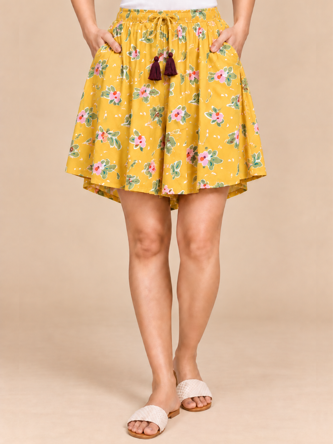 Viscose Culotte Shorts - Yellow Floral Printed(S-XXL)
