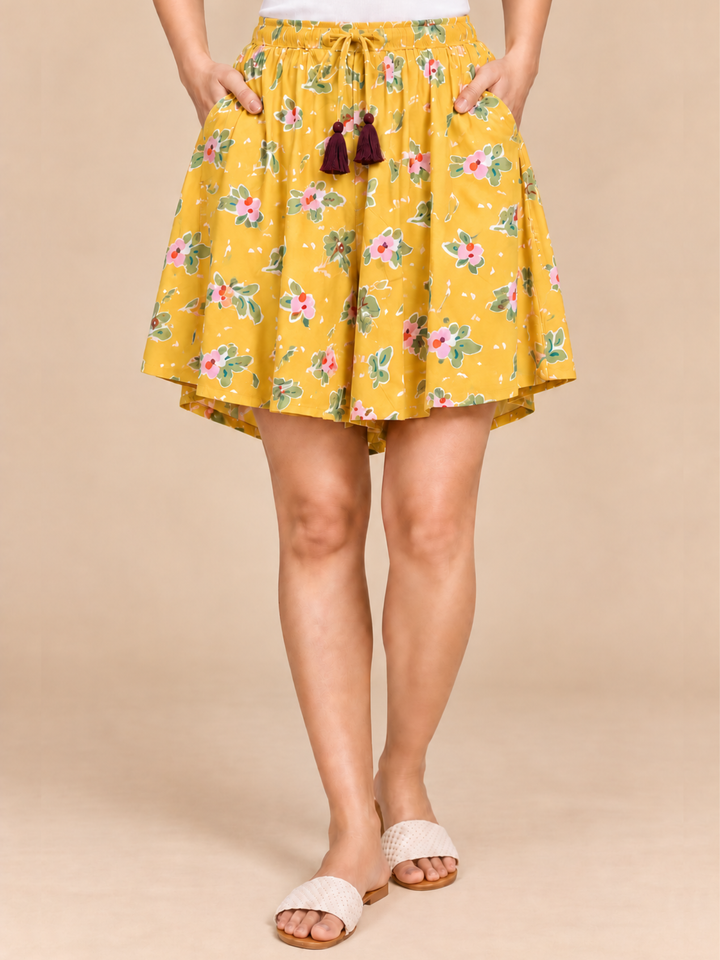 Viscose Culotte Shorts - Yellow Floral Printed(S-XXL)