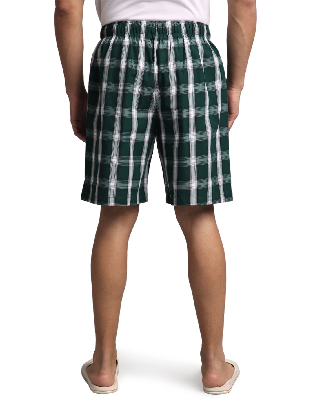 B STORIES Men's Cotton Casual Shorts with Elasticated Waistband & Drawstring- Dark Green Checked