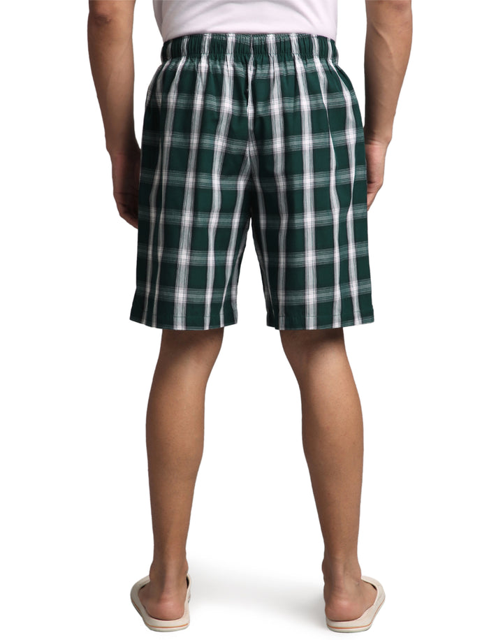 B STORIES Men's Cotton Casual Shorts with Elasticated Waistband & Drawstring- Dark Green Checked