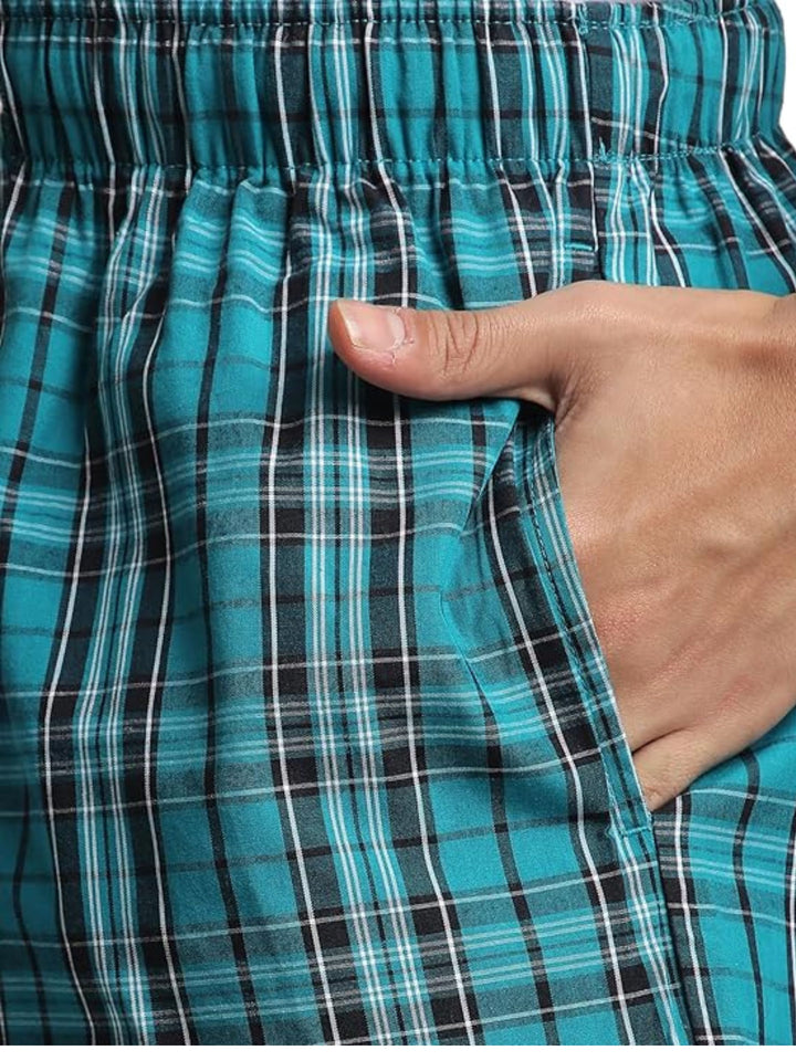 B STORIES Men's Cotton Casual Shorts with Elasticated Waistband & Drawstring- Teal Blue Checked