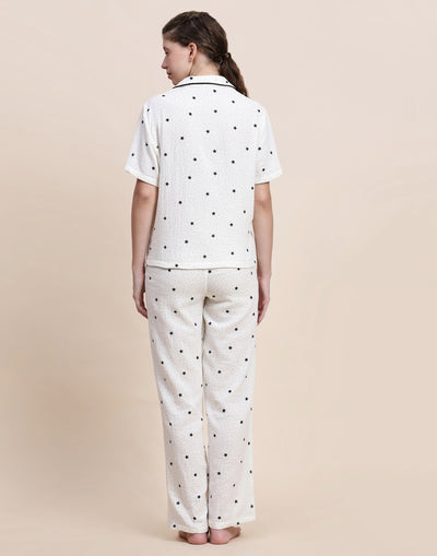 Night Suit Set for Women-White Star Print