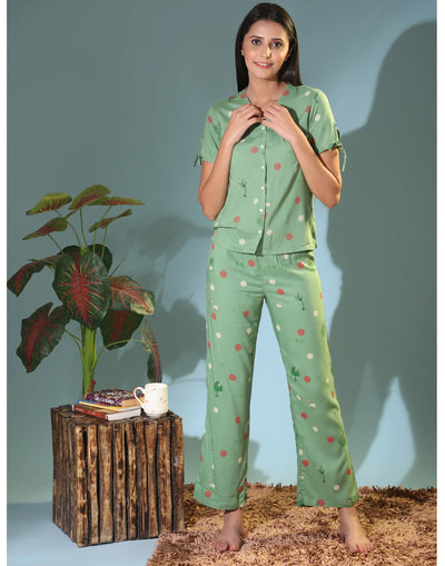 Night Suit Set for Women-Green Pop Up Animal Print