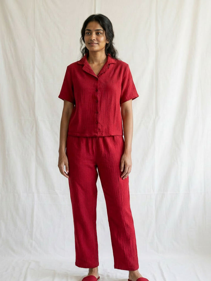 Women Cotton Night Suit - Half Sleeve Night Dress with Pockets | Savvy Red Double Cloth PJ set