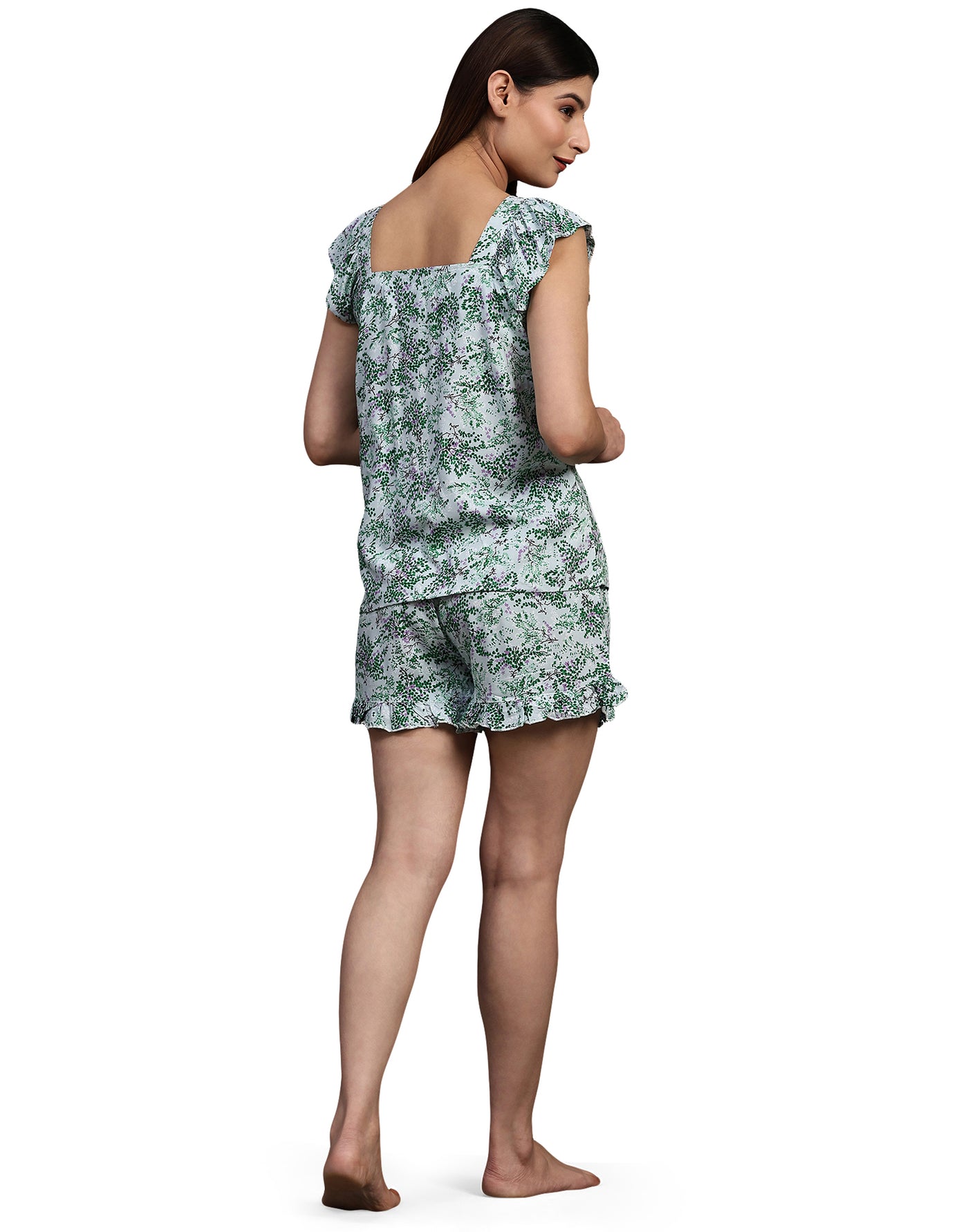 Night Suit Shorty Set for Women-Green Floral Print