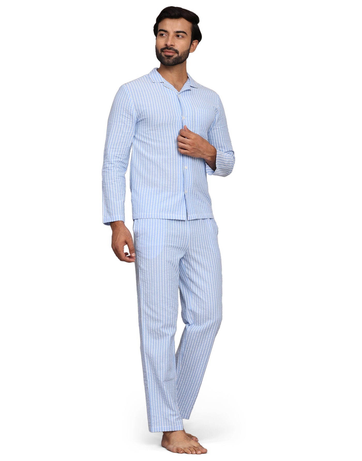 Pyjama Set for Men-Light Blue Stripes