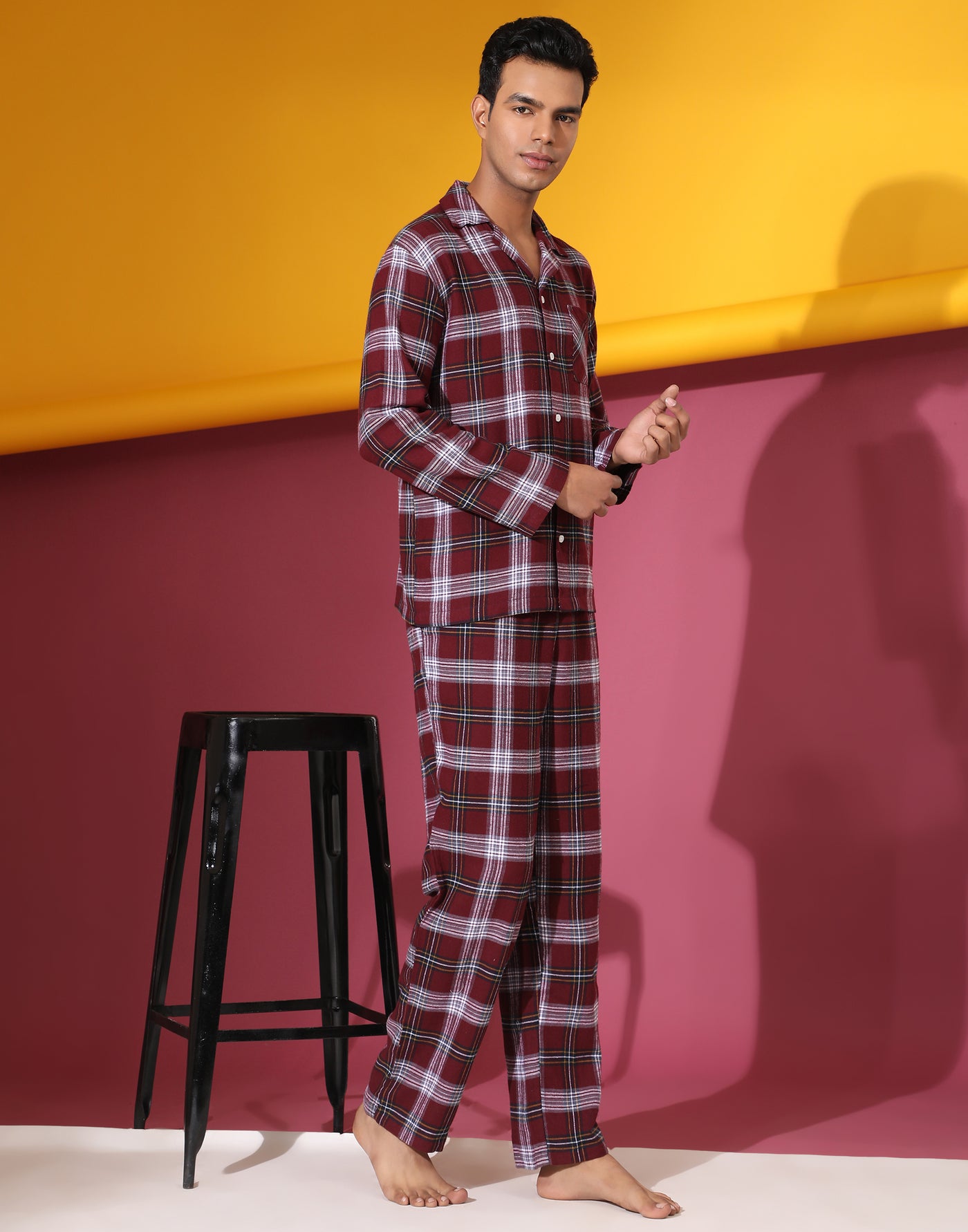 Pyjama Set for Men-Burgundy Plaid Checks