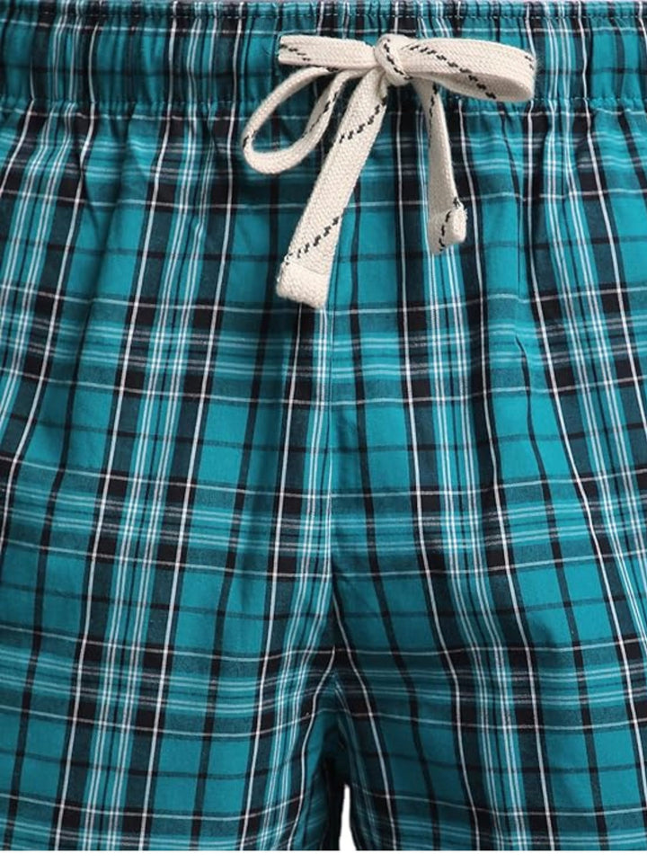 B STORIES Men's Cotton Casual Shorts with Elasticated Waistband & Drawstring- Teal Blue Checked