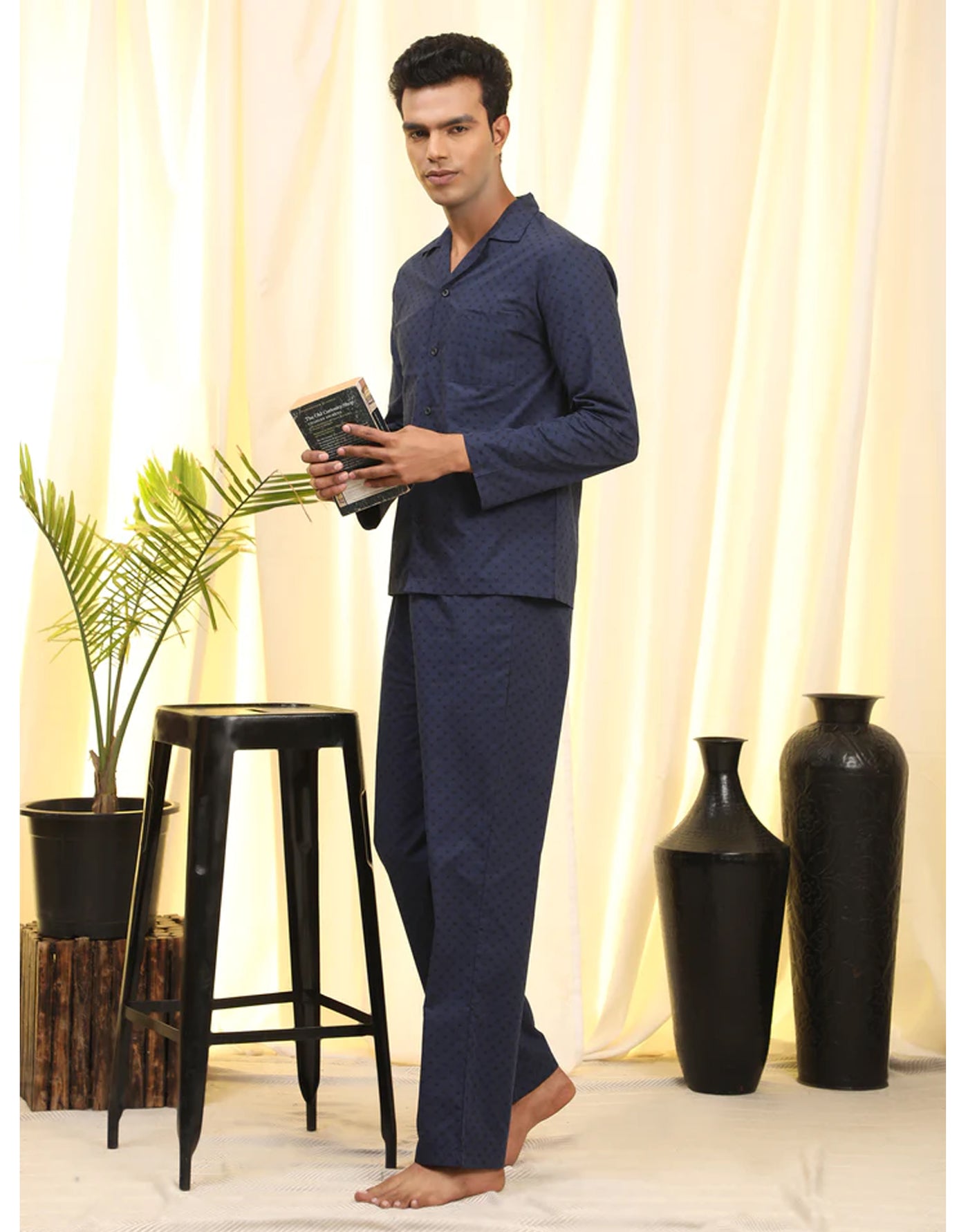 Pyjama Set for Men-Navy Mono Ethic Print