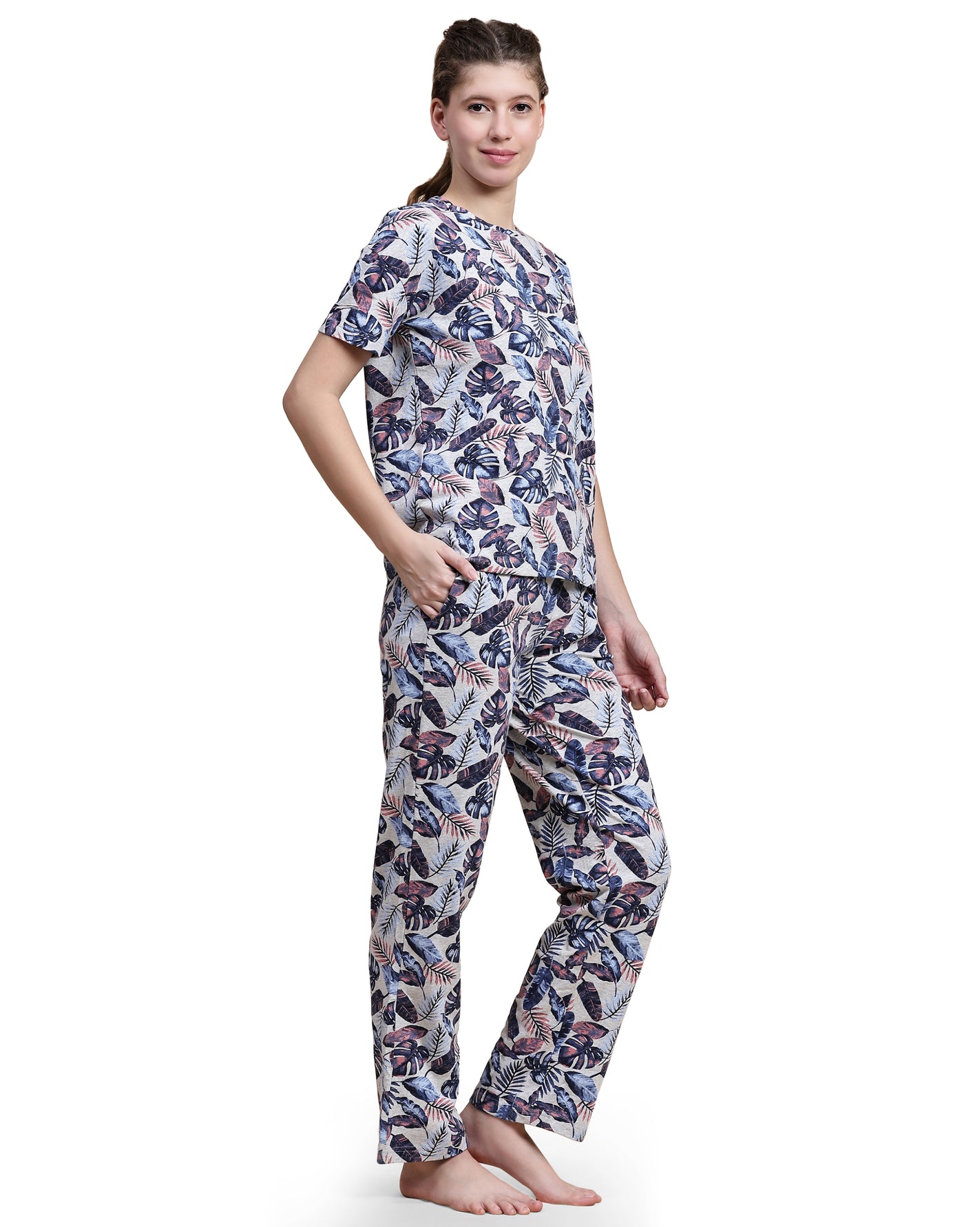 Pyjama Set for Women-Grey Leaf Print