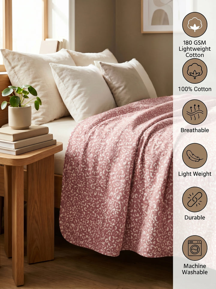 B STORIES Leopard Print Cotton Knit Throw Blanket | Soft, Breathable & Lightweight | All Season Couch, Bed & Sofa Throw | 81x59 Inches | 180 GSM | Pink