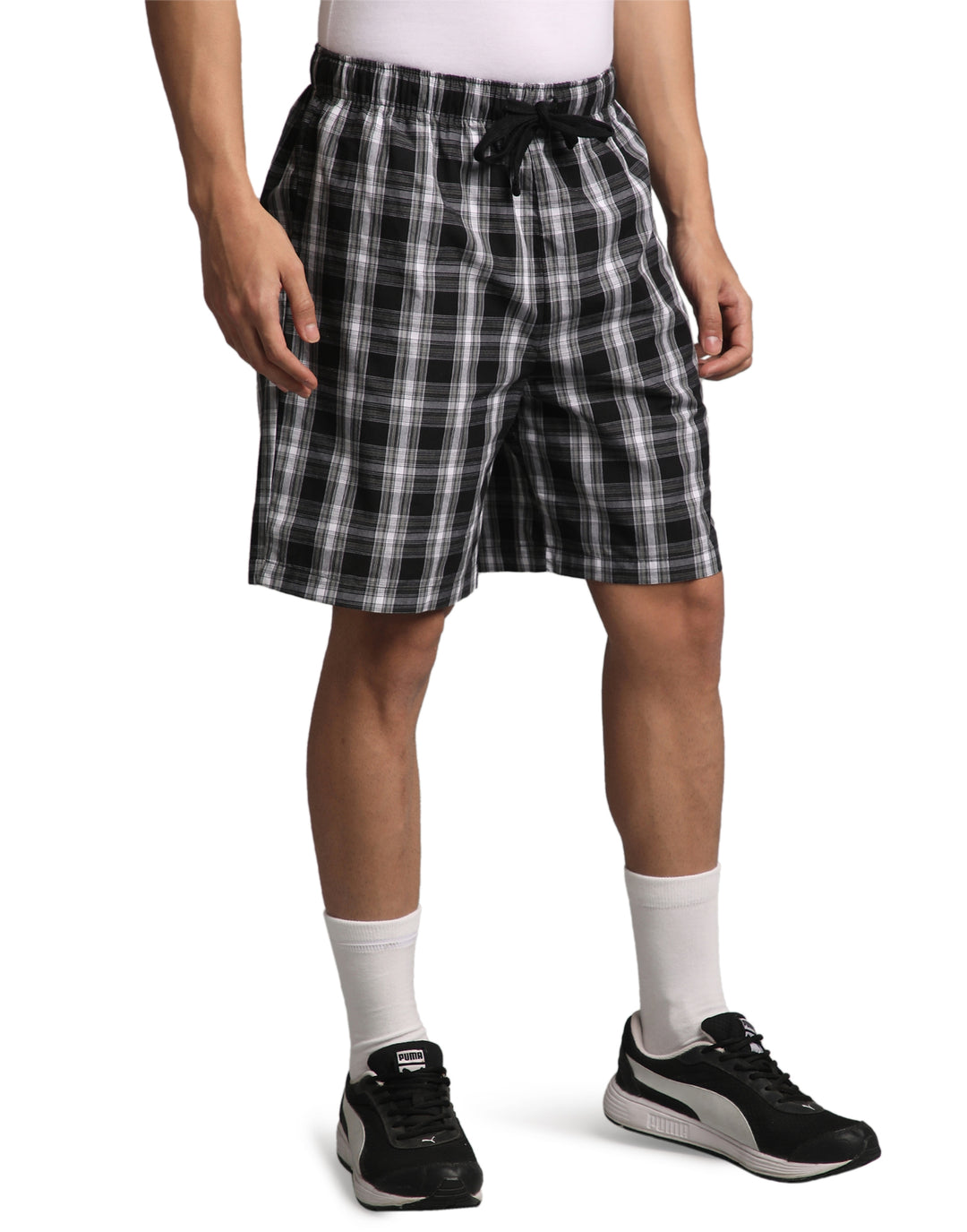 B STORIES Men's Cotton Casual Shorts with Elasticated Waistband & Drawstring- Black & Grey Checked