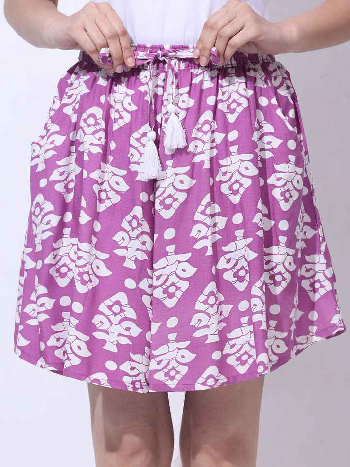 Viscose Culotte Shorts - Purple Motif Print
