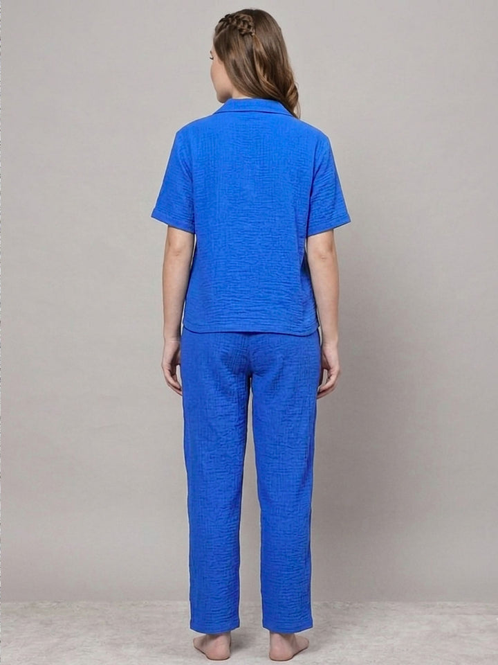 Women Cotton Night Suit - Half Sleeve Night Dress with Pockets| Indigo Blue Double Cloth Pajama Set