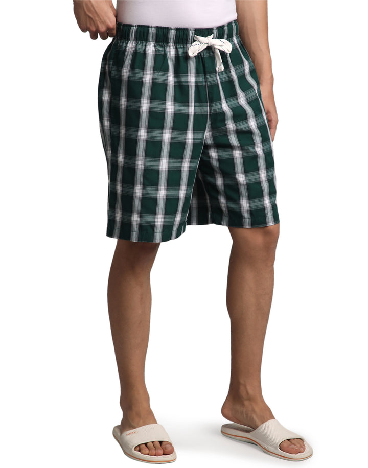 B STORIES Men's Cotton Casual Shorts with Elasticated Waistband & Drawstring- Dark Green Checked