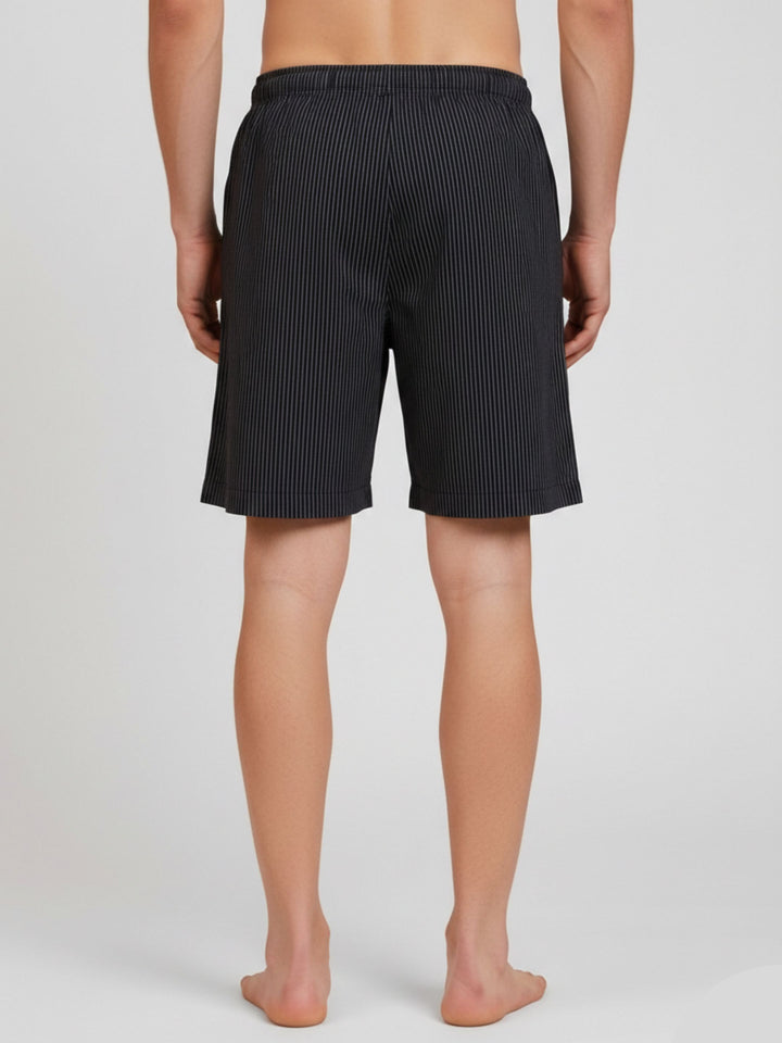 B STORIES Men's Cotton Casual Shorts with Elasticated Waistband & Drawstring- Black Pinstripe Printed