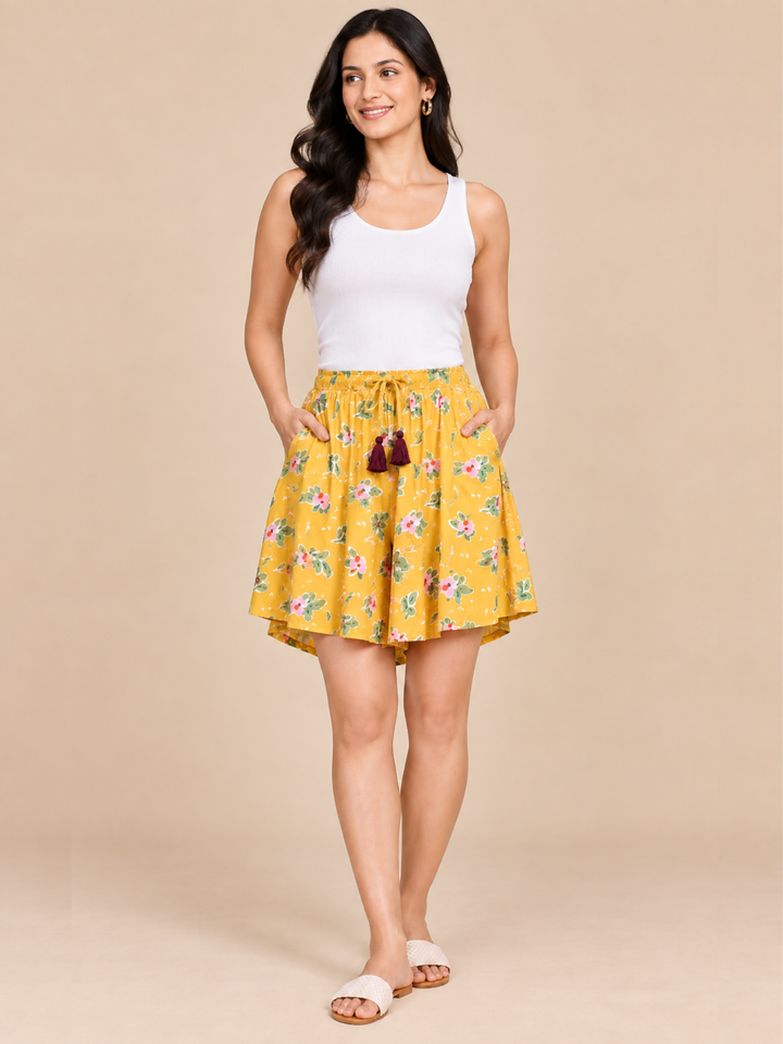 Viscose Culotte Shorts - Yellow Floral Printed(S-XXL)