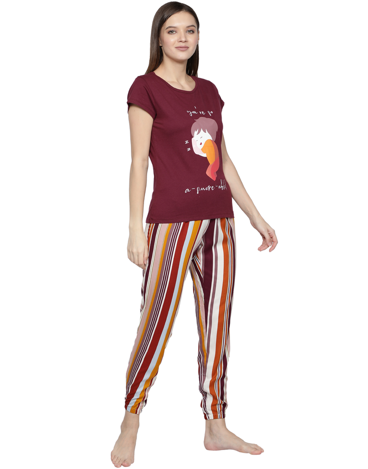 Nightwear Set -  Wine Stripe Cuff Pant