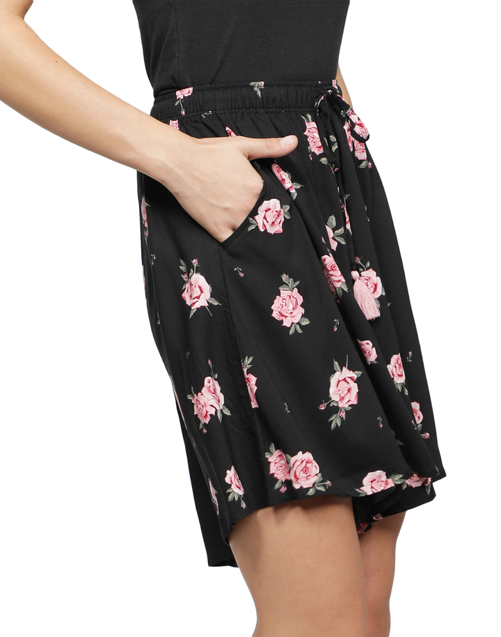 Viscose Culotte Shorts - Black Rose Print