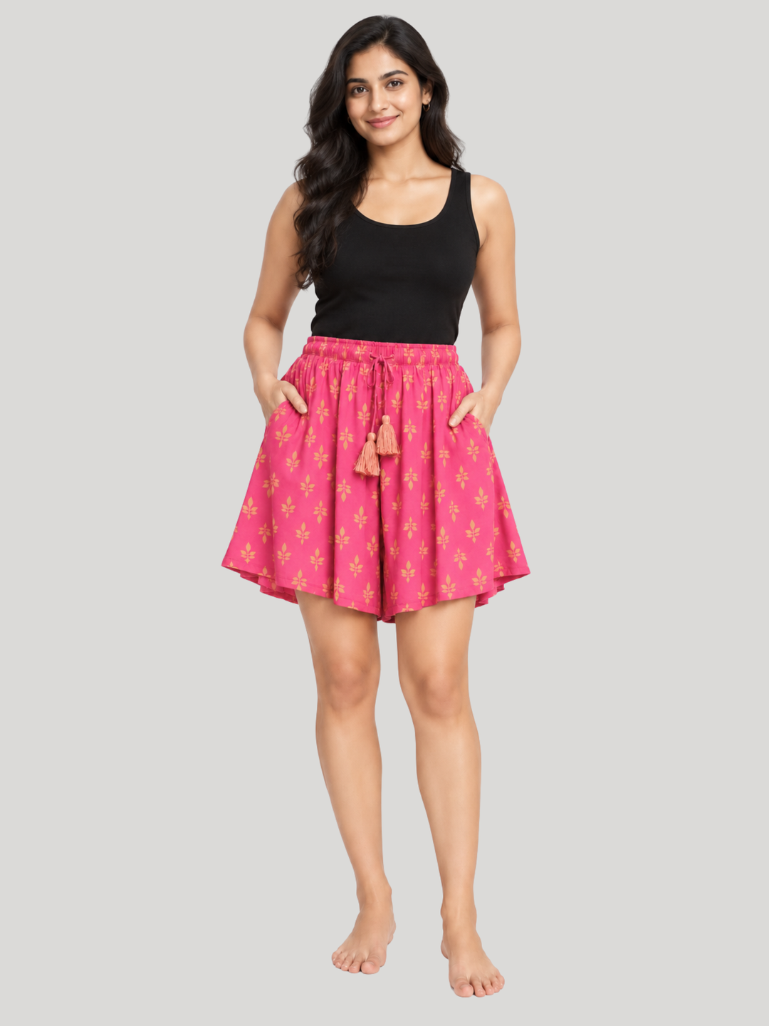 Women's Printed Flared Lounge & Beach Shorts with Pockets - Pink Leaf