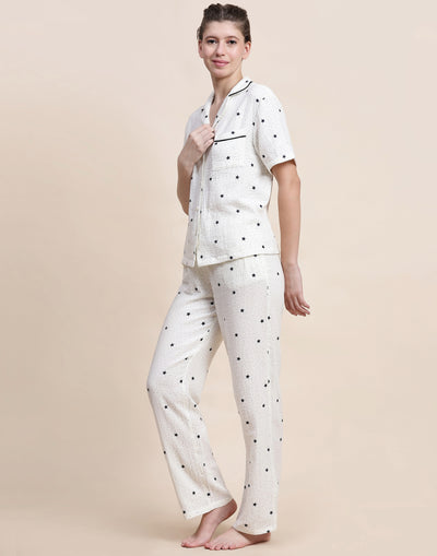 Night Suit Set for Women-White Star Print