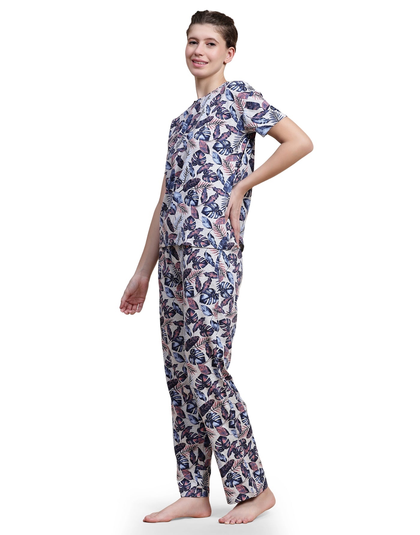 Pyjama Set for Women-Grey Leaf Print