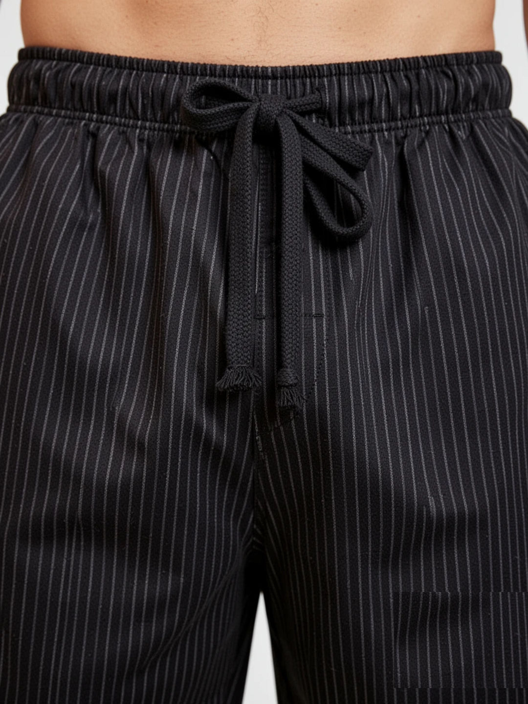 B STORIES Men's Cotton Casual Shorts with Elasticated Waistband & Drawstring- Black Pinstripe Printed
