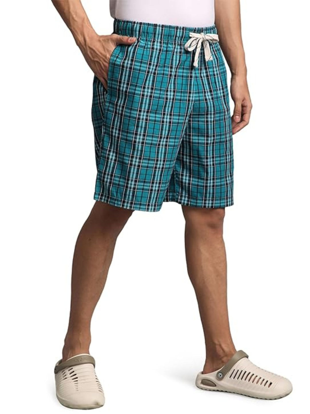 B STORIES Men's Cotton Casual Shorts with Elasticated Waistband & Drawstring- Teal Blue Checked