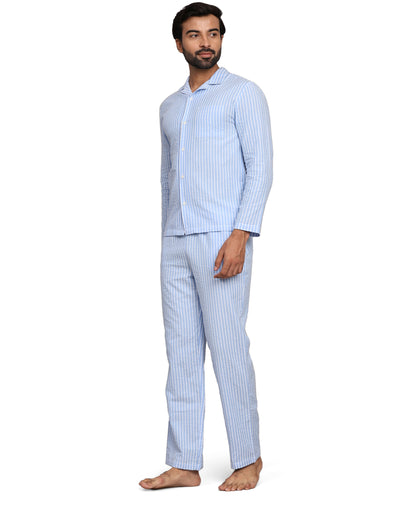 Pyjama Set for Men-Light Blue Stripes