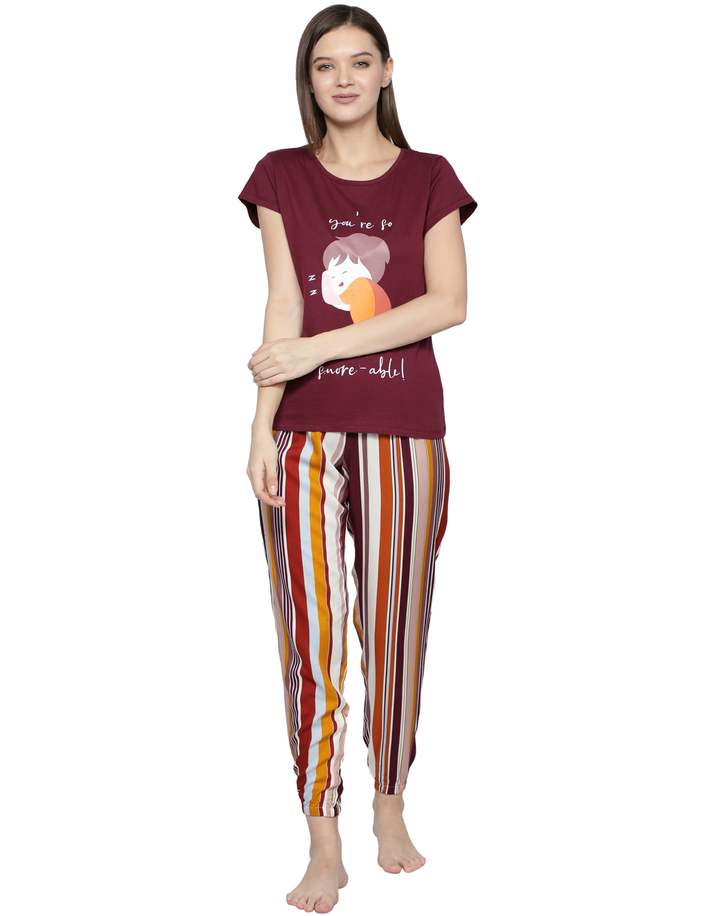 Nightwear Set -  Wine Stripe Cuff Pant