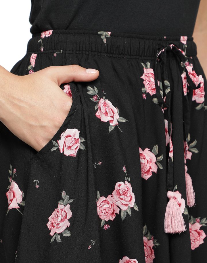 Viscose Culotte Shorts - Black Rose Print